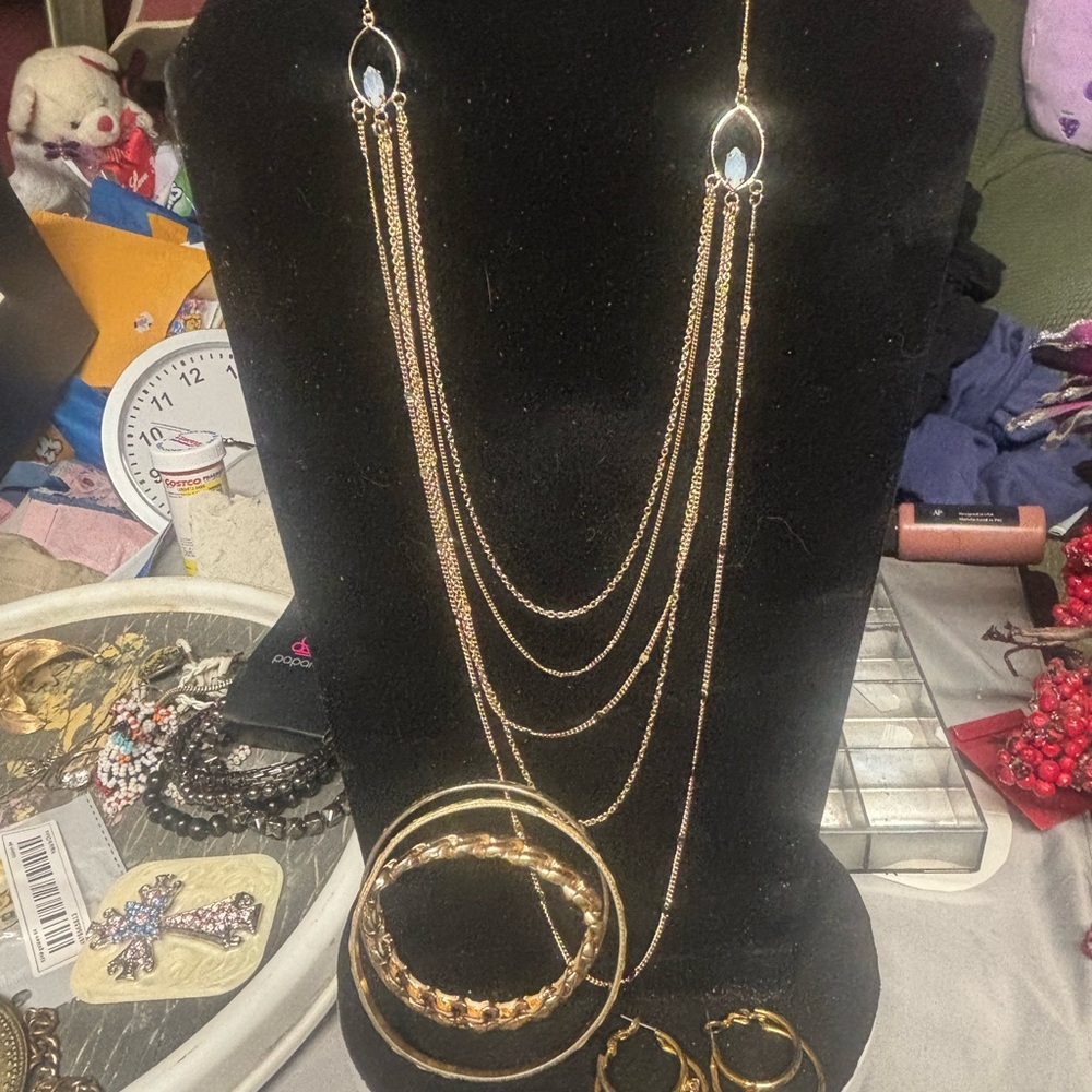 Elegant Gold and Silver Layered Necklace  bangles earrings Set